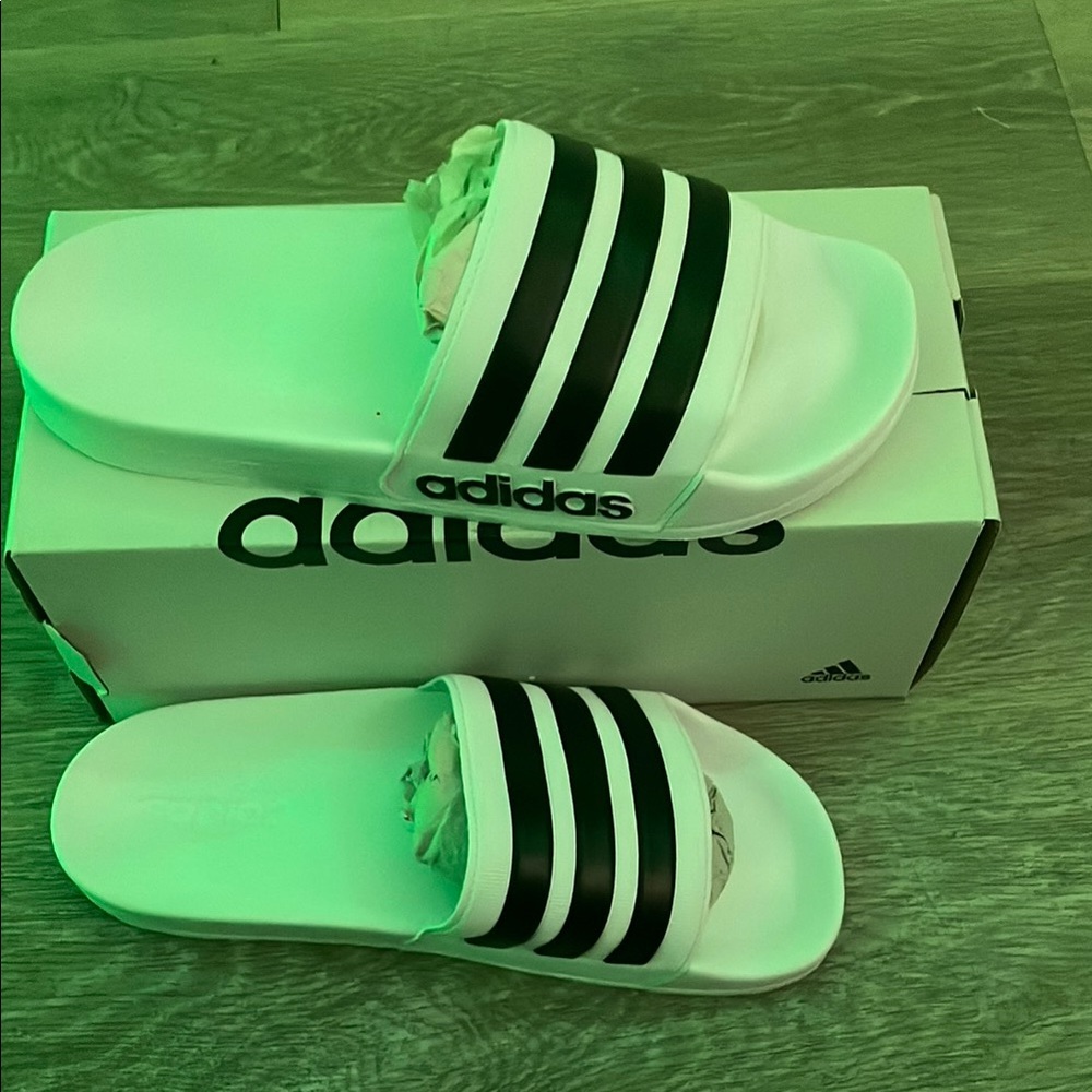 Adidas Classic White Slides with Black Stripes